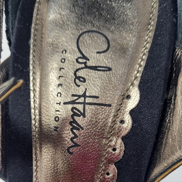 Cole Haan Black Velvet & Brassy Gold Open Toe Stilletto T-Strap Heels - Picture 14 of 16